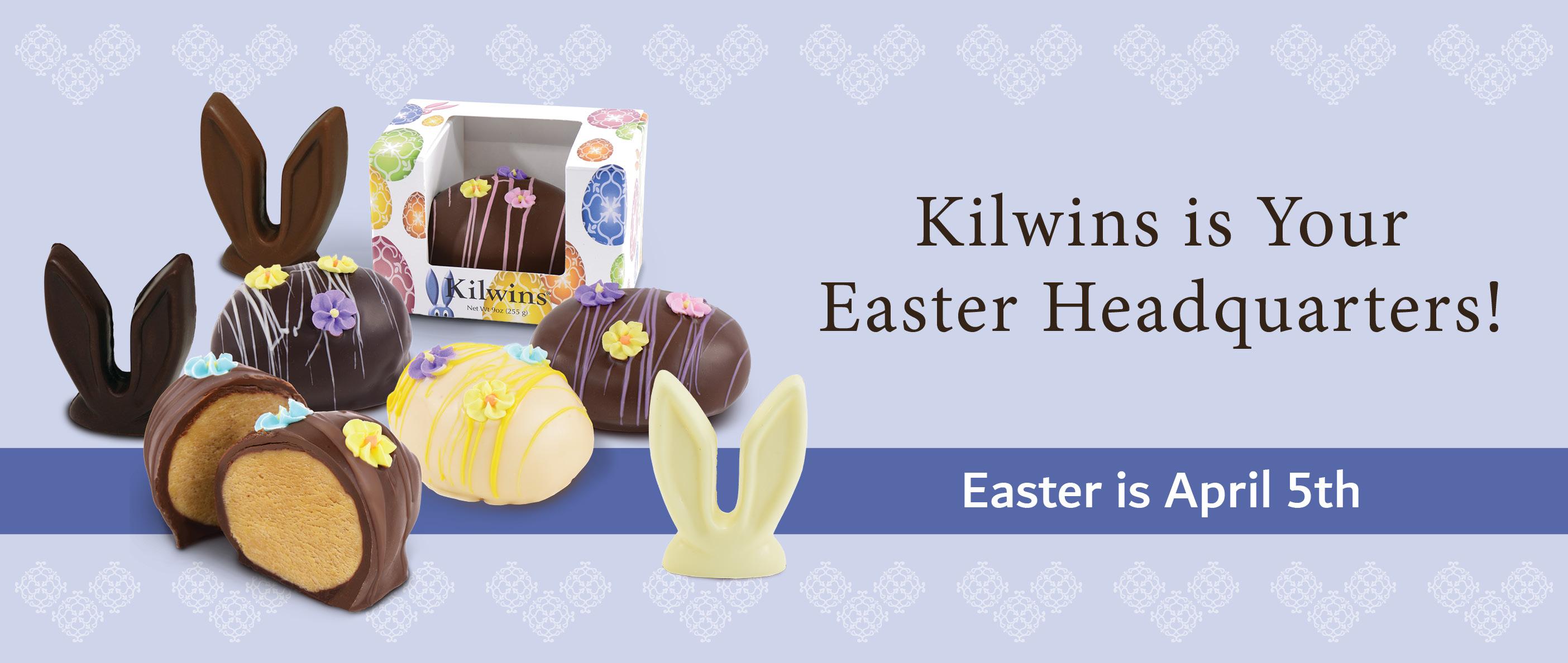 Graphic header showing Kilwins Easter Products with the verbiage, "Your Easter Headquarters" and "Easter is April 5"