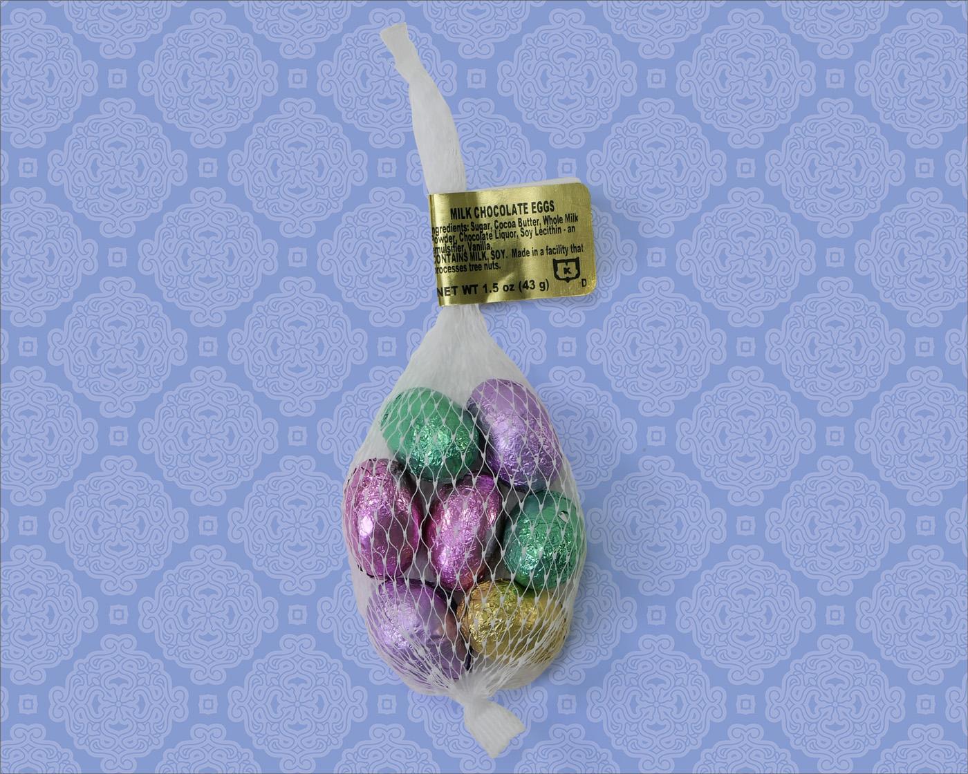 foil wrapped Easter Eggs in a mesh bag.