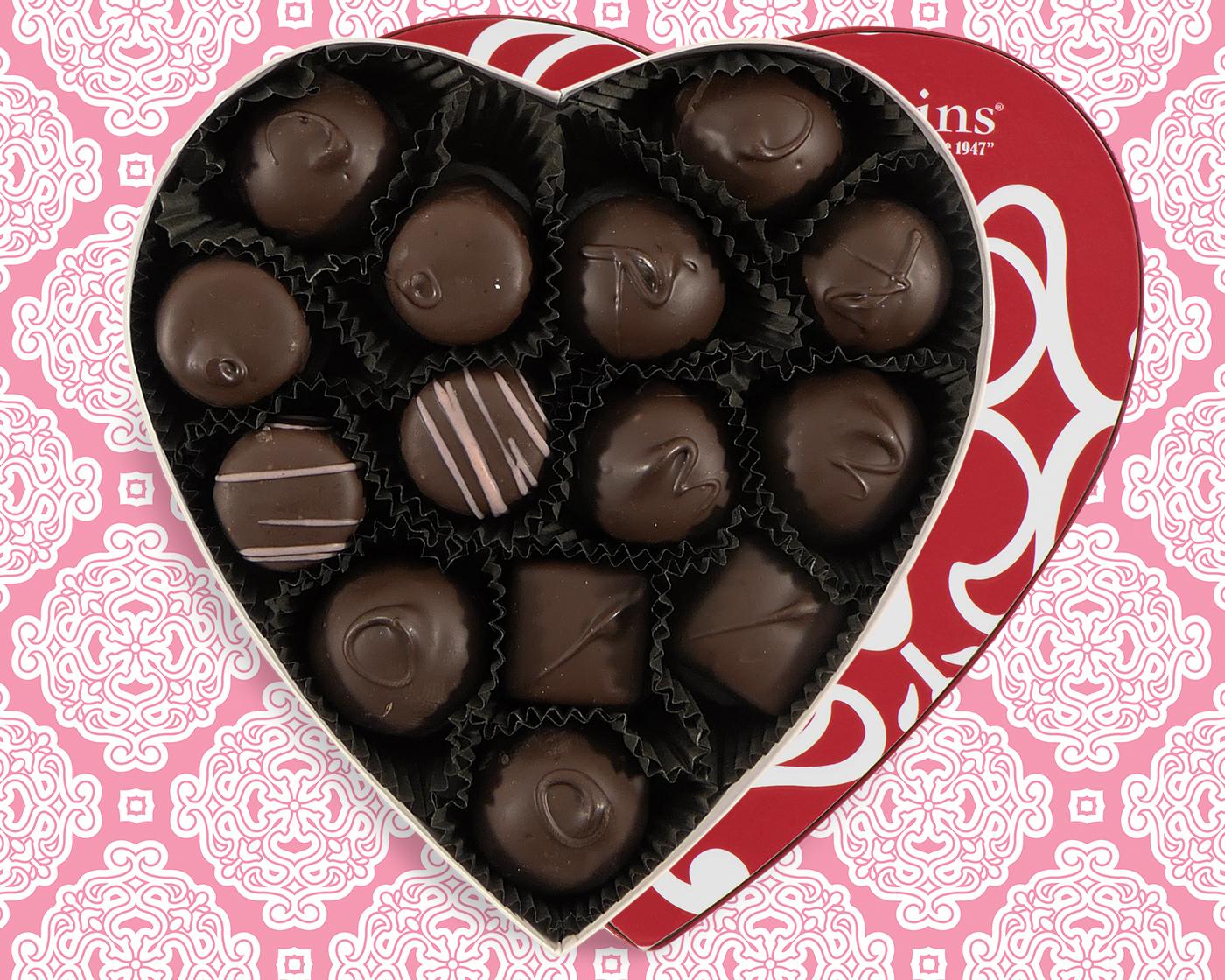 Heart shaped chocolate box of assorted dark chocolates