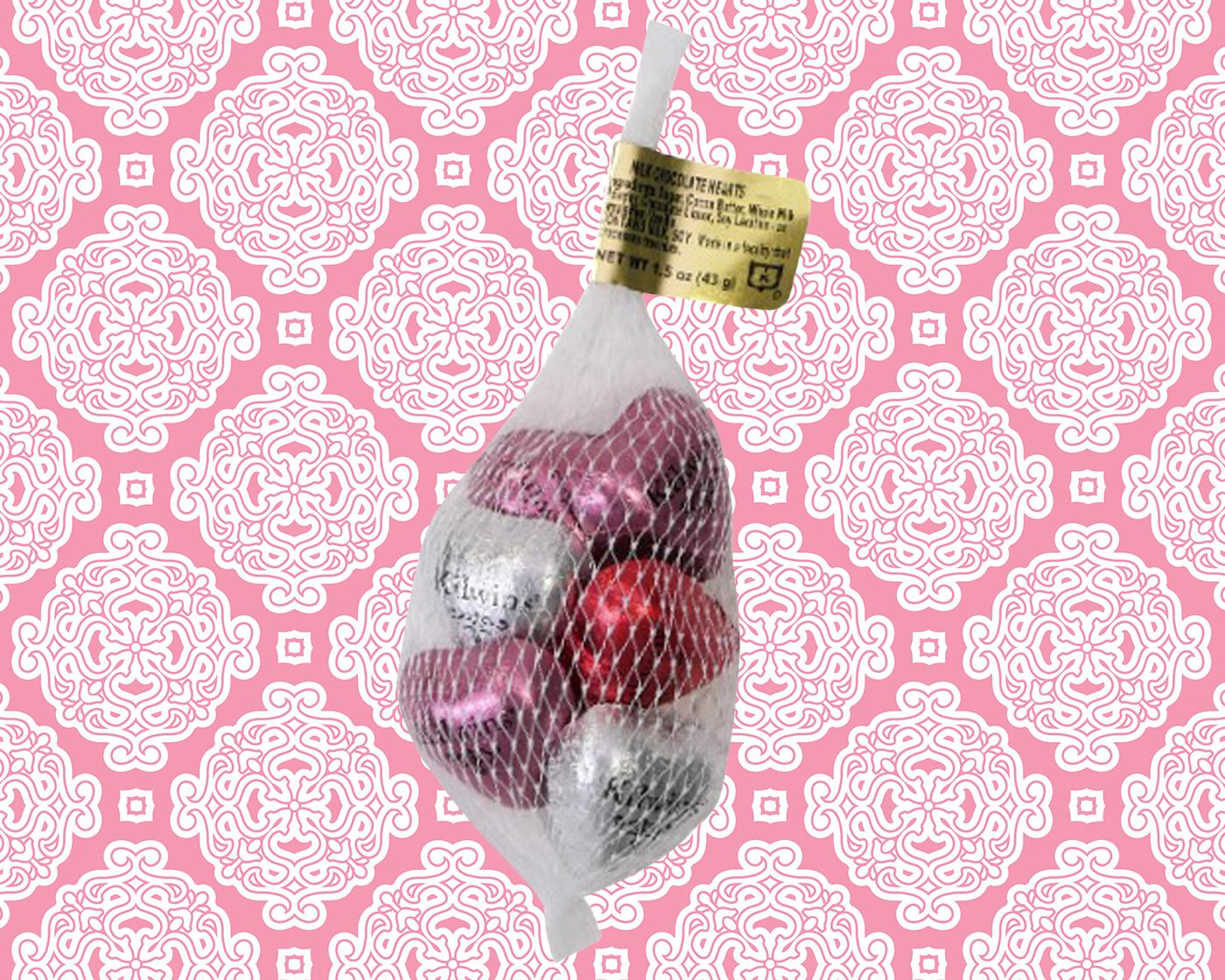 foil wrapped heart shaped chocolates in a mesh bag 