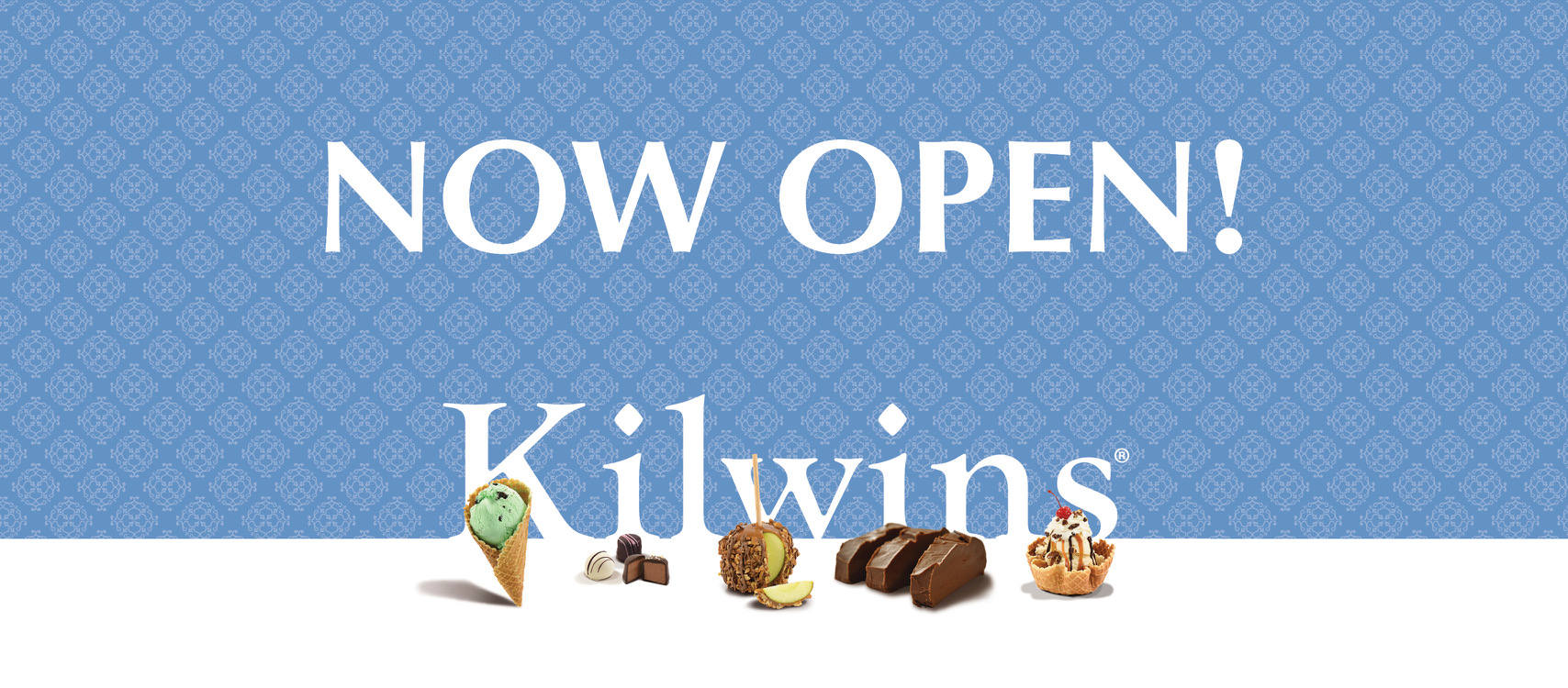 Graphic showing Kilwins Logo with array of product and the words "Now Open!"