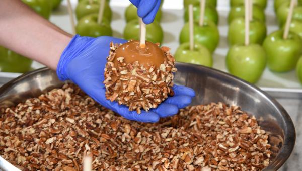 Photo of Pecan Caramel Apple being rolled in Caramel