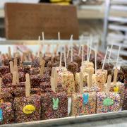 A picture of Rice Krispie treats dipped in caramel