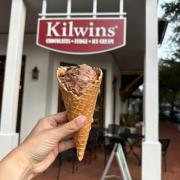 Kilwins Signature Turtle Ice Cream in a Waffle Cone